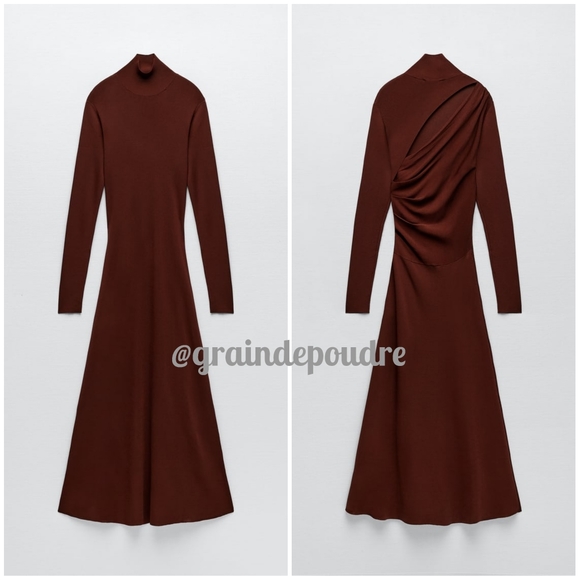 Rare! Zara Chocolate Brown Mock Neck Back Cutout Slit Knit Maxi Swing Dress S - Picture 6 of 6